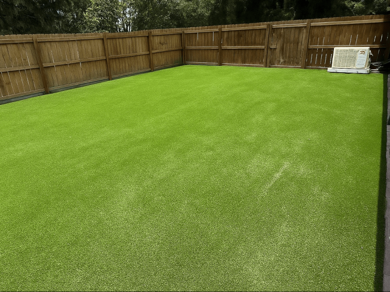 Bright green artificial pet turf in a fenced backyard next to a gray house