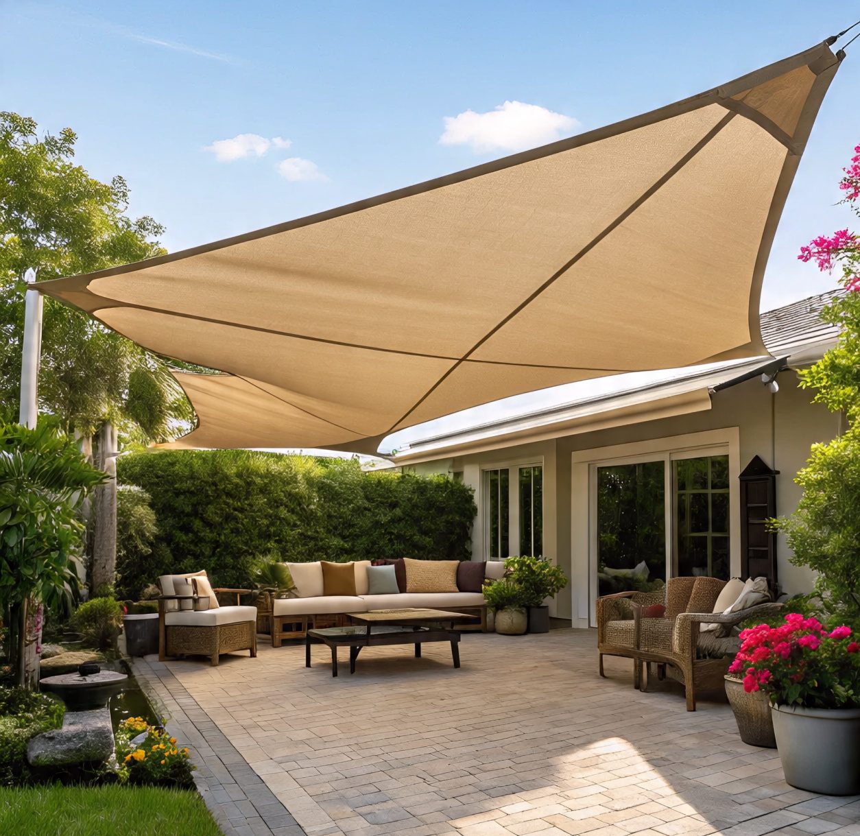 Outdoor patio with a tan shade sail, wicker furniture, and potted plants on a brick floor adjacent to a house with sliding glass doors and a manicured garden.