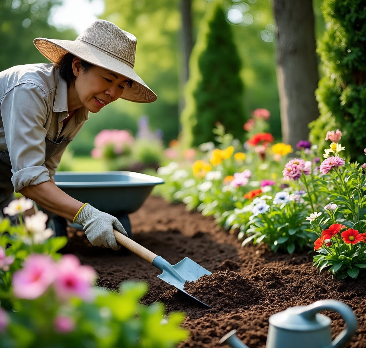 Person applying a 2-3 inch layer of organic mulch around garden beds with heat-tolerant plants.