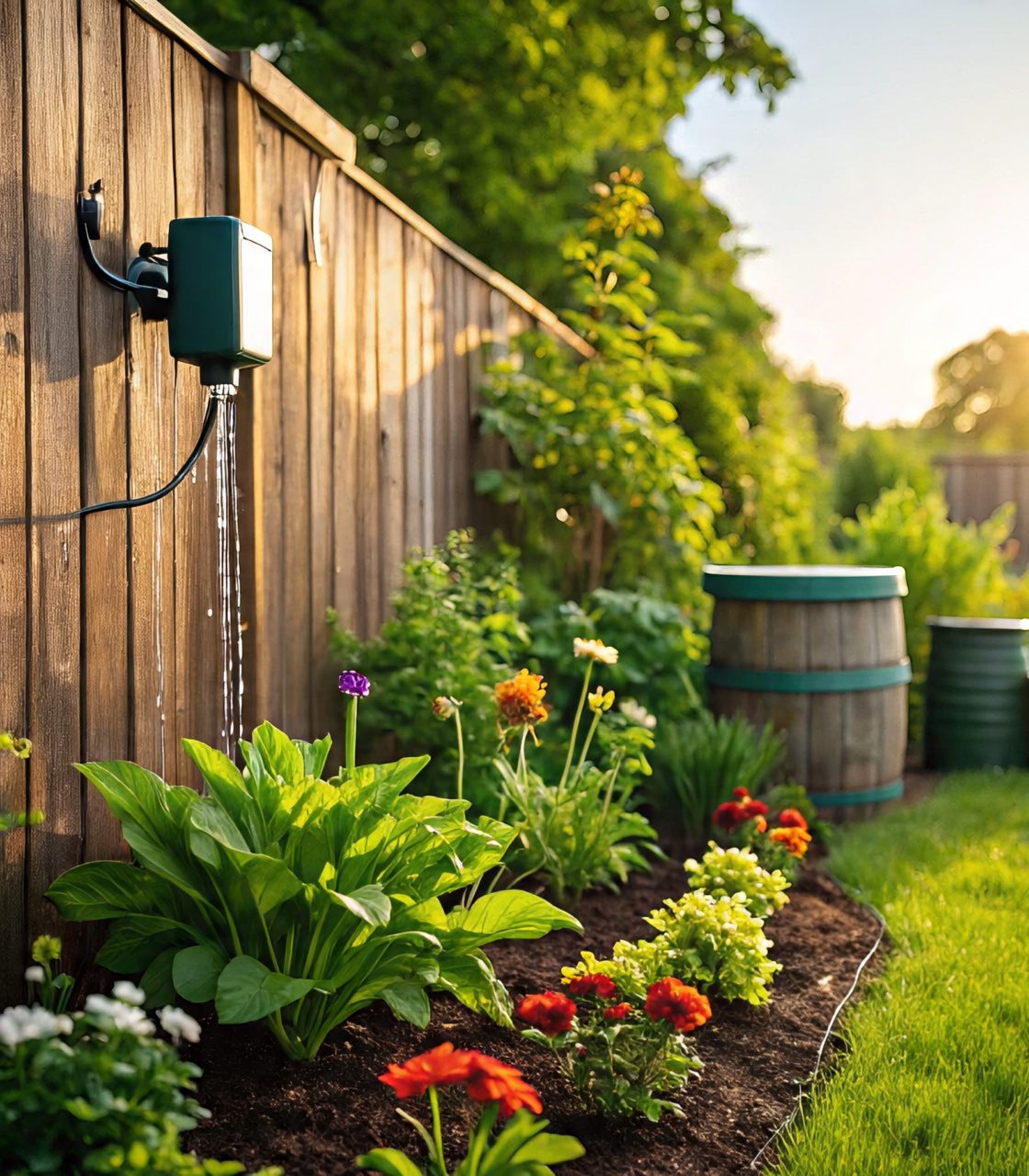 A garden scene with a wooden fence on the left, a green irrigation controller attached to it with water dripping down