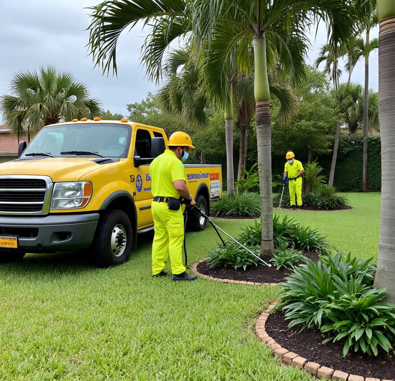 A person in a Florida yard is spraying neem oil on plants to manage pests like mosquitoes and fire ants. 