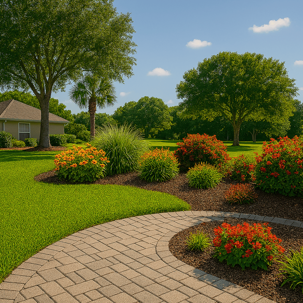 Interlocking paver walkway leading to a deep‑green North Florida lawn, rich brown mulch beds, heat‑tolerant flowers, and native shade trees under a clear summer sky.